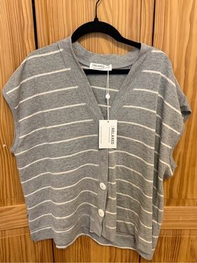 Relaxed Gray Striped V-Neck Button Front Women's Top